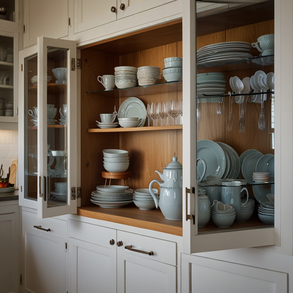 Glass cabinet doors reveal neatly organized dishes, creating an airy, open feel. Adds elegance and makes a small kitchen feel larger.