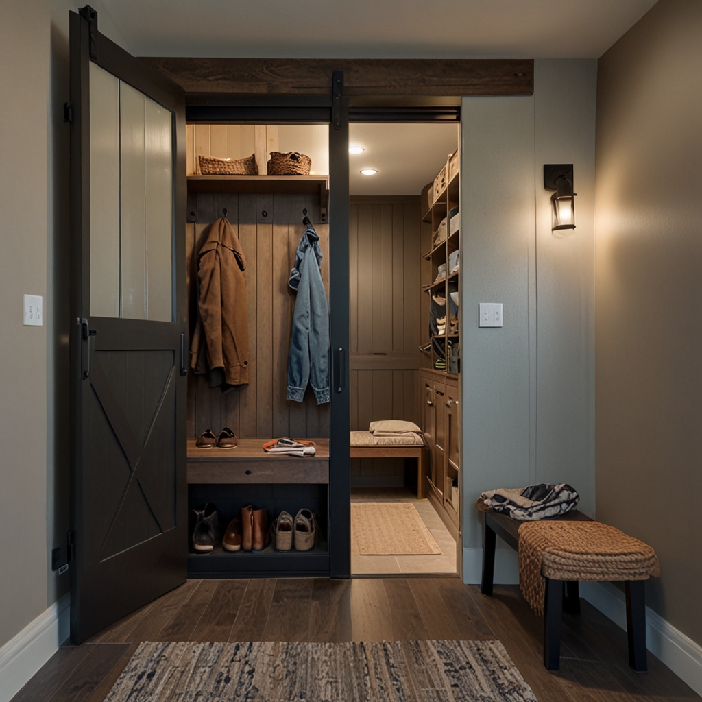 A narrow mudroom with sleek sliding barn doors. The doors are open, revealing an organized and practical storage space, illuminated by natural light.