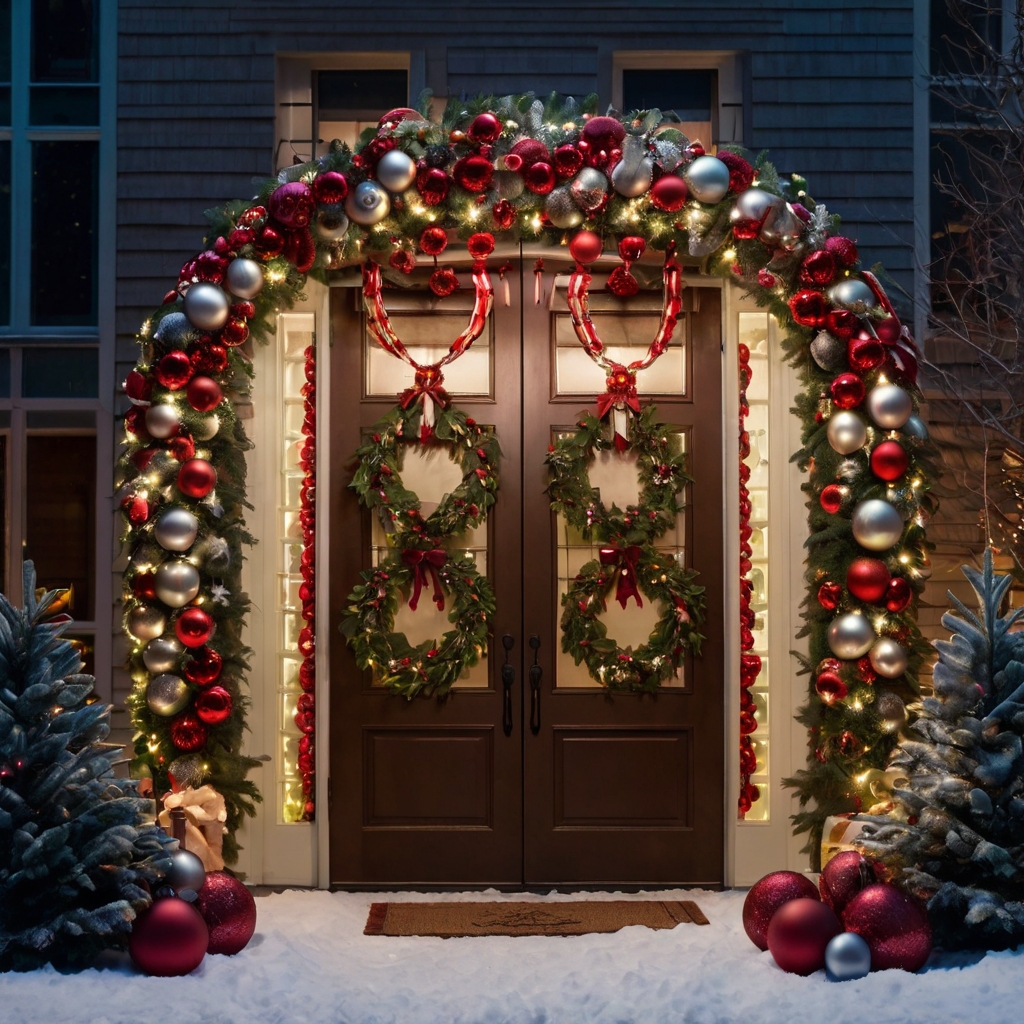 A giant, glittering Christmas wreath with oversized ornaments decorates the front door. Soft light highlights its vibrant colors, making it the focal point of the festive scene.