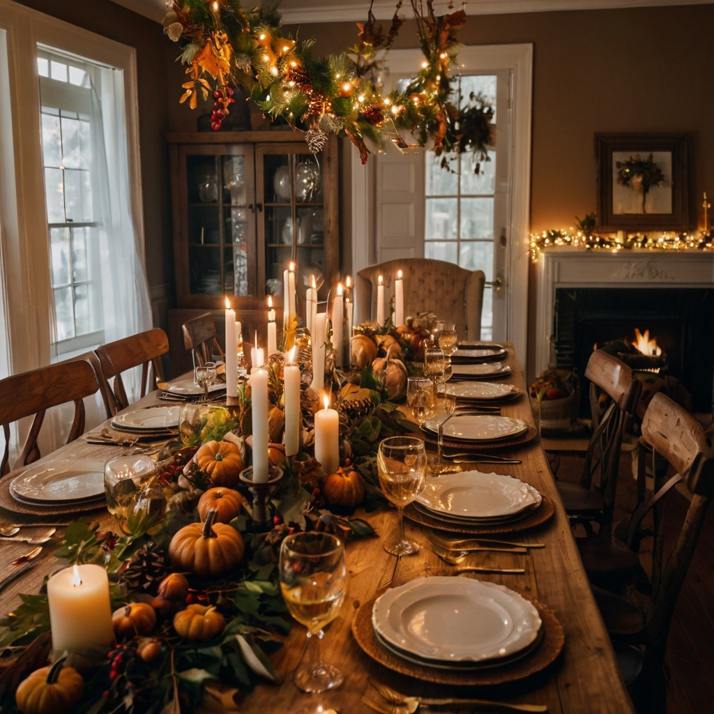 Garlands, wreaths, or string lights hung above the table create a dramatic, festive atmosphere. This added decoration elevates the entire dining experience.