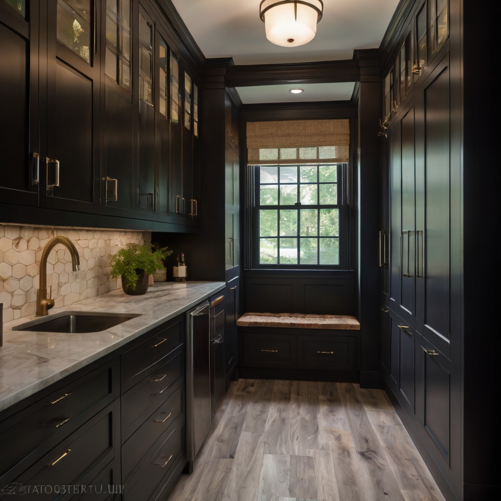 A mudroom with dark lower cabinets and light upper ones. Bright overhead lighting highlights the contrast and clean lines of the two-tone design.