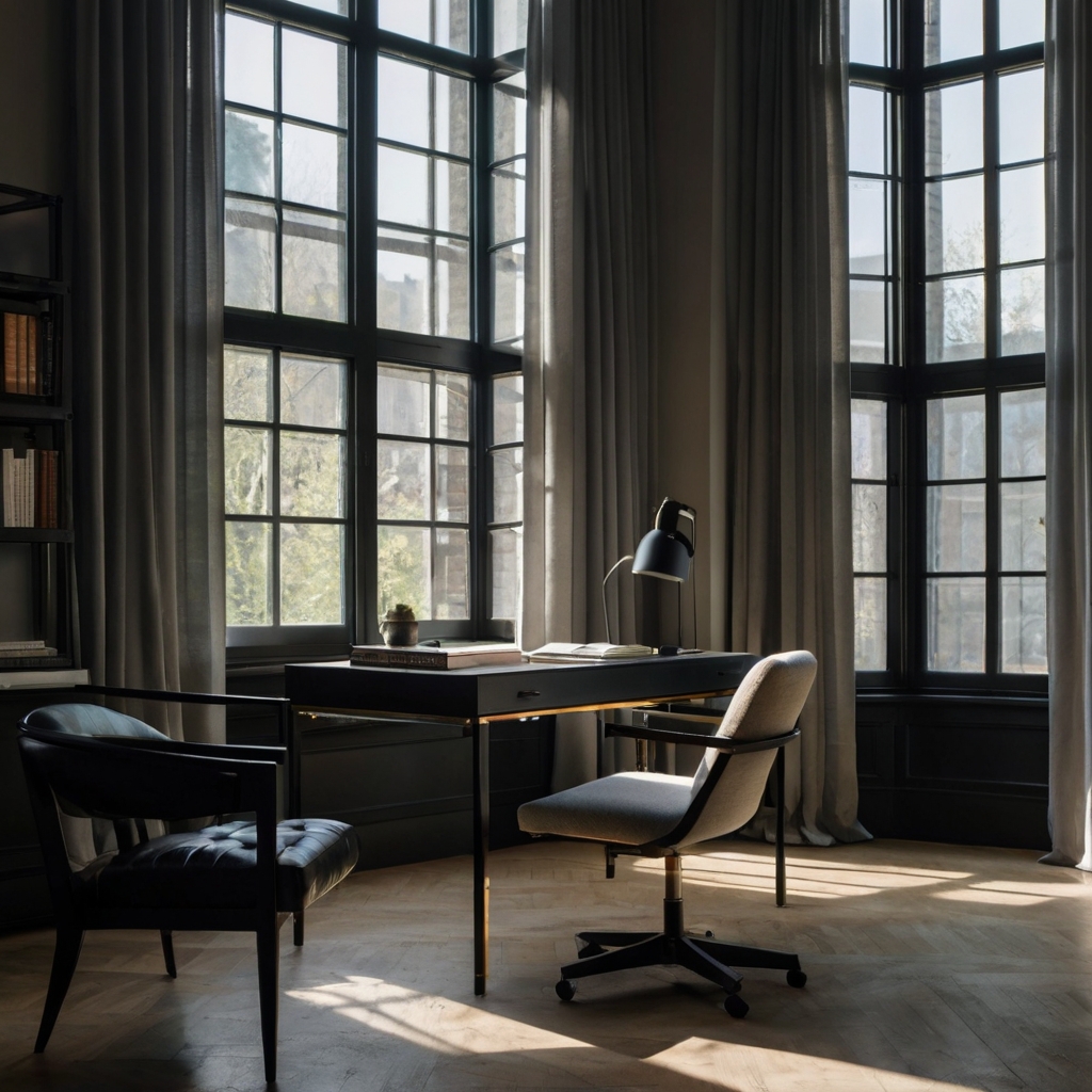 Soft gray walls paired with deep black trims create a modern and minimalist look. The bold contrast gives the space a sleek, sophisticated vibe.