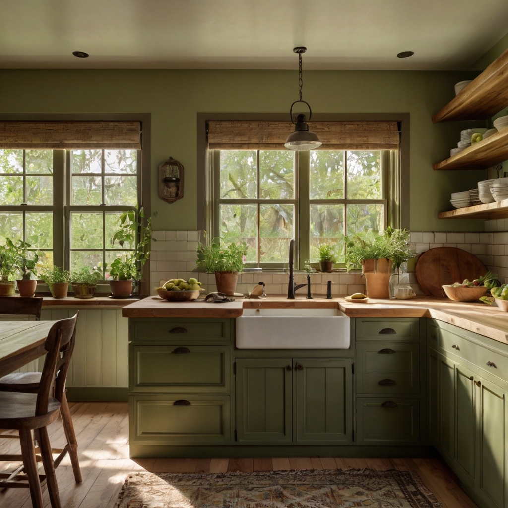 Pale yellow walls with olive green trims create a warm, inviting atmosphere. The combination is perfect for kitchens or rooms with plenty of natural light.