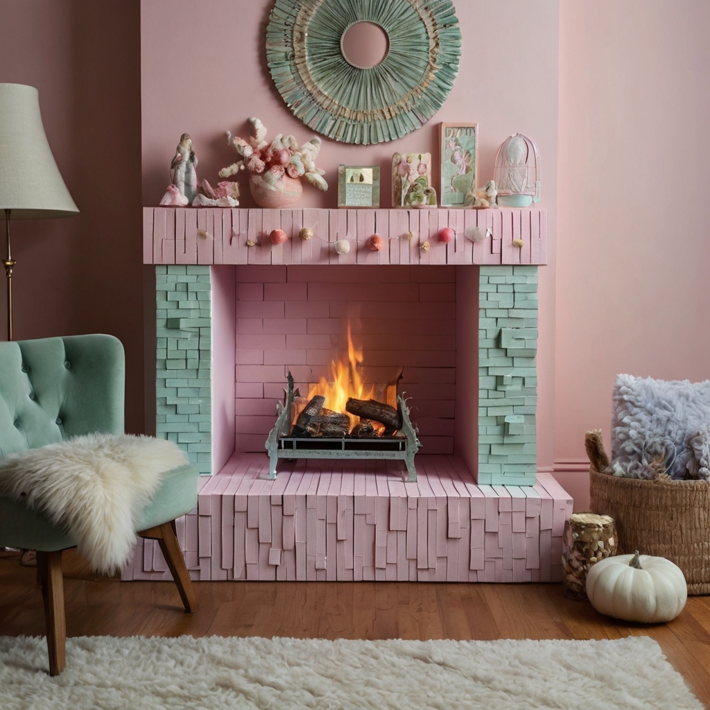 Whimsical cardboard fireplace painted in soft pastel tones. A unique twist on traditional holiday decorations.