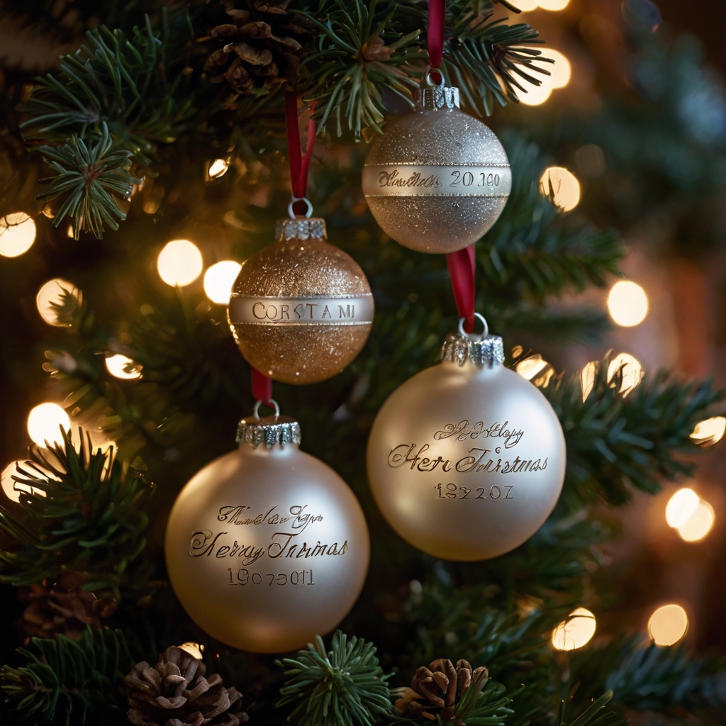 Close-up of personalized Christmas ornaments with custom names or dates, softly lit by Christmas lights. The warm glow and twinkling lights add a sentimental touch to the tree.