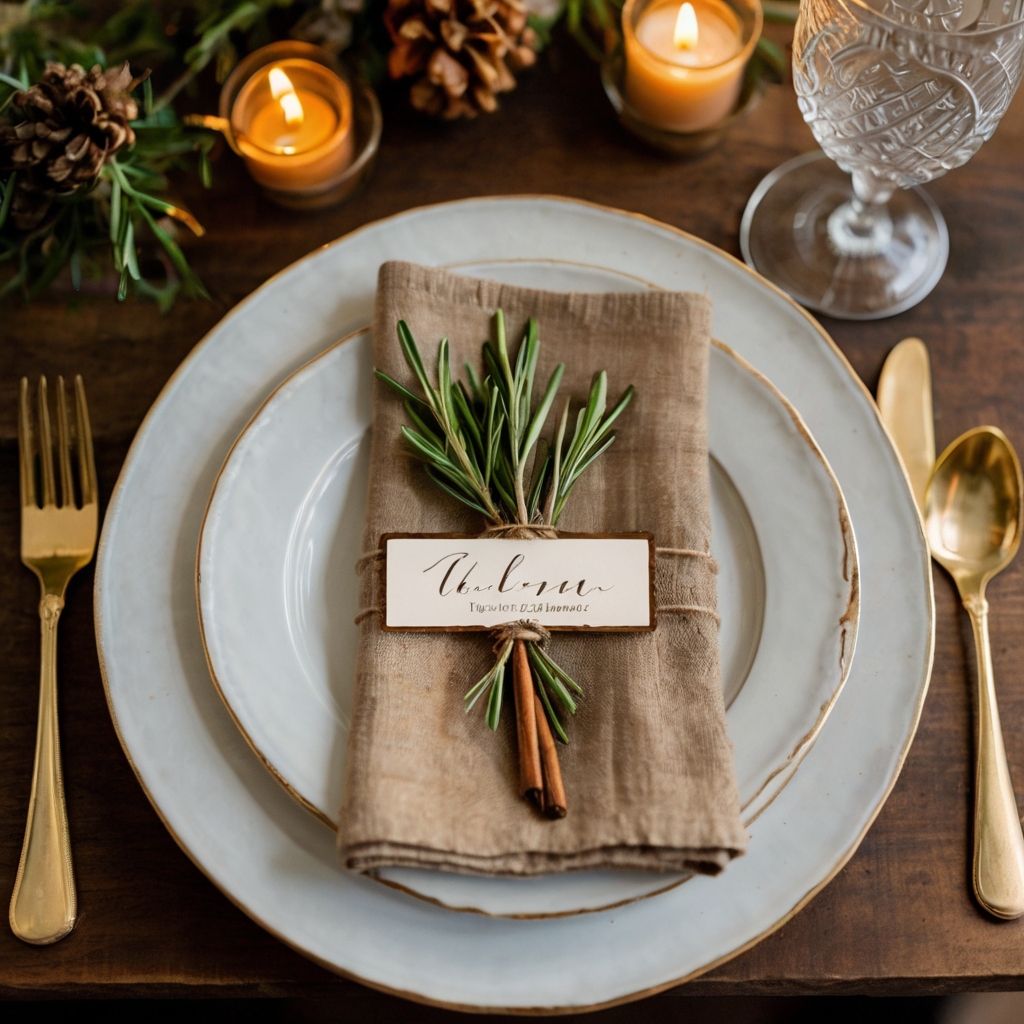 Custom place cards made from leaves or small wooden slices add a personal touch. Elegant calligraphy makes each guest feel special at the table.