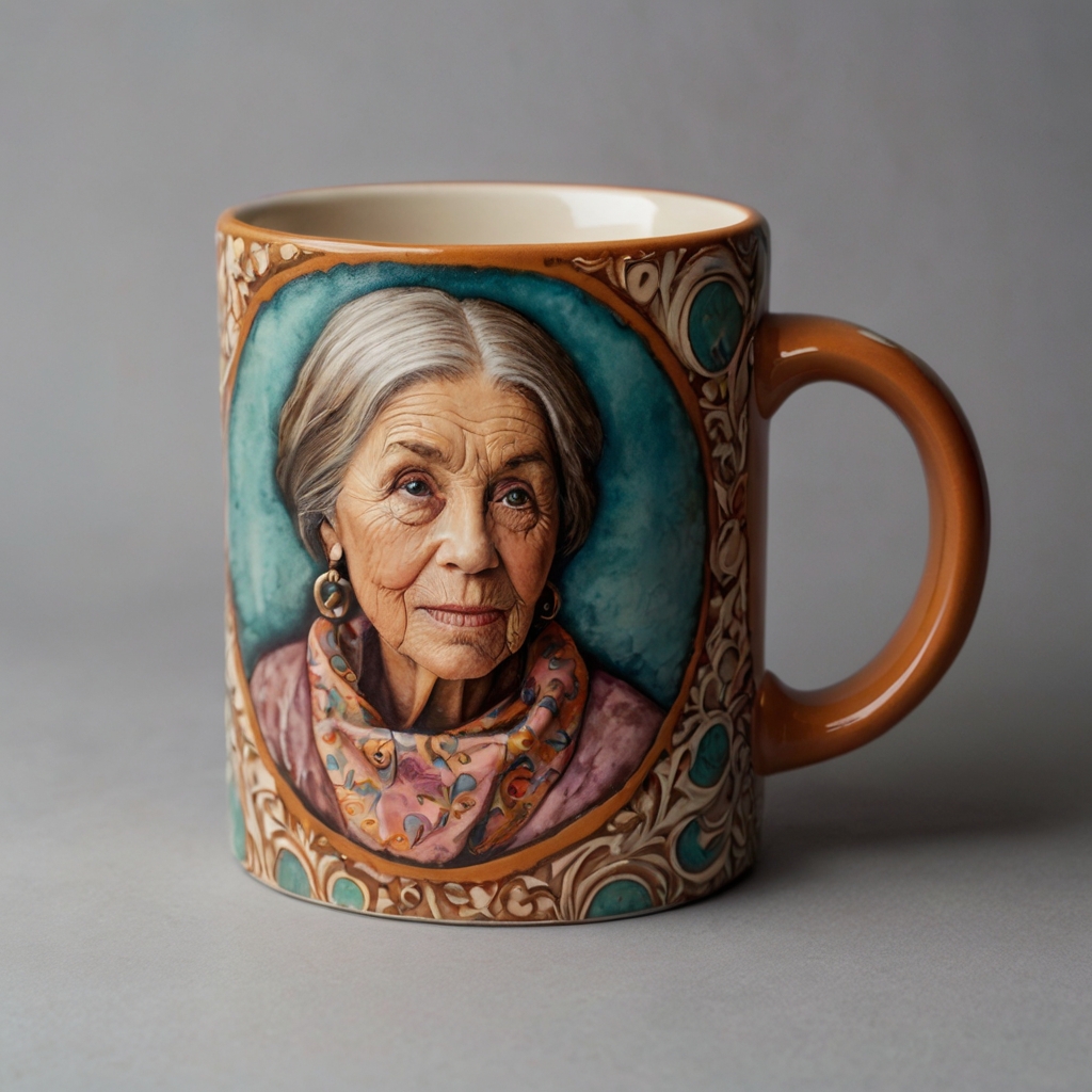 Custom-painted ceramic mug featuring a playful portrait of a loved one, bright and quirky, with soft light highlighting details.