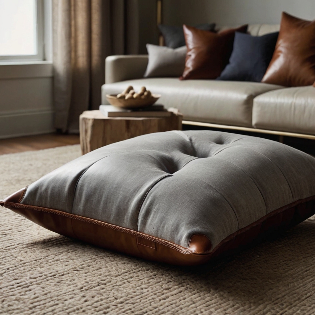 Add sophistication with floor pillows featuring leather accents, combining comfort with modern elegance. Ideal for contemporary or industrial-style rooms.