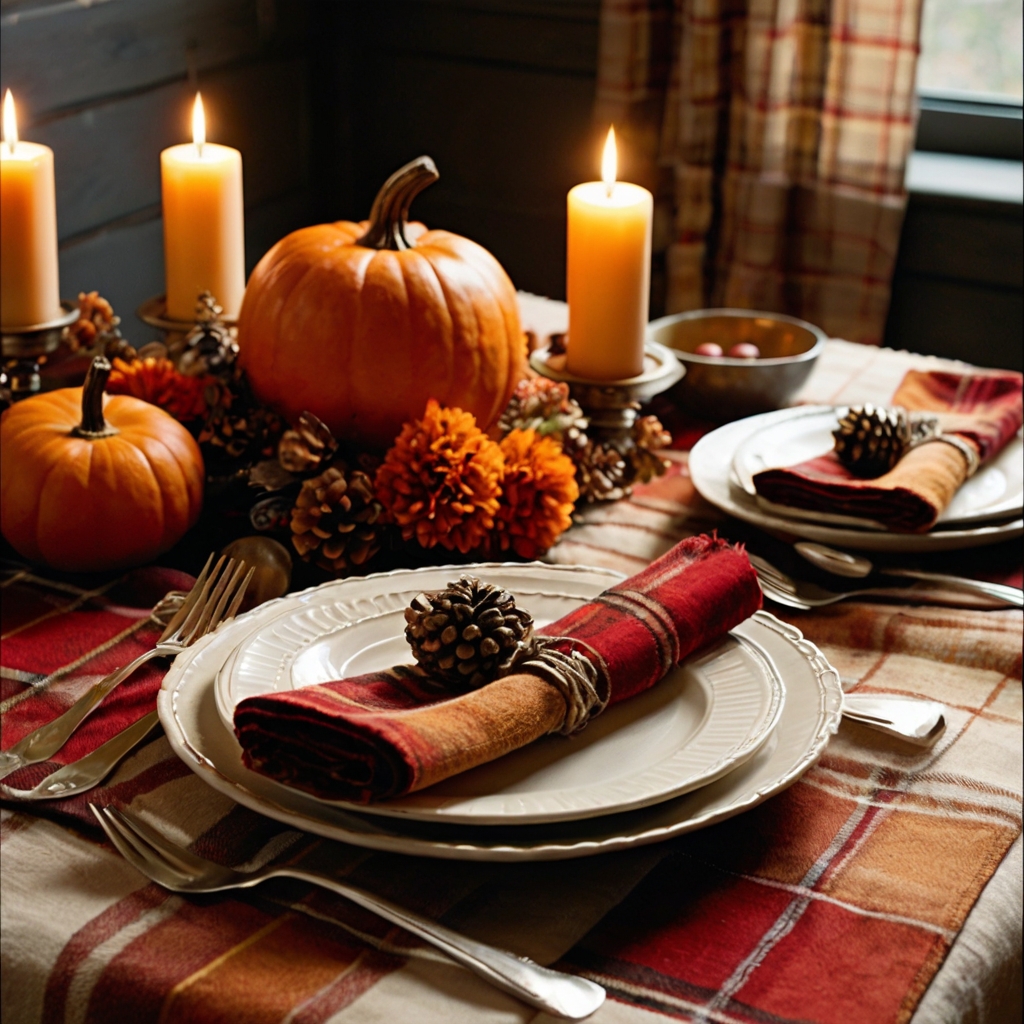 Plaid tablecloths, napkins, and chair covers evoke warmth and coziness. Red, orange, and tan tones capture the essence of fall while enhancing the theme.