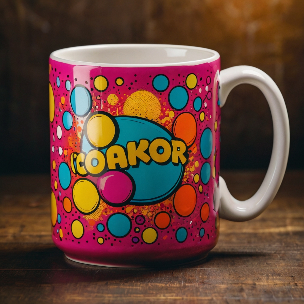 Bold ceramic mug with vibrant pop art-inspired designs, including comic-style phrases and bright, contrasting colors under soft light.