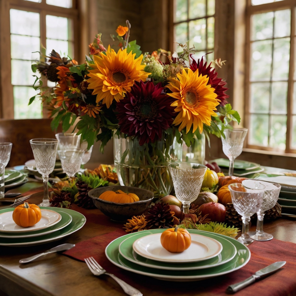 Rich colors like maroon and mustard yellow add energy to a Thanksgiving table. Bright florals and colored glassware bring a festive contrast to the neutral backdrop.