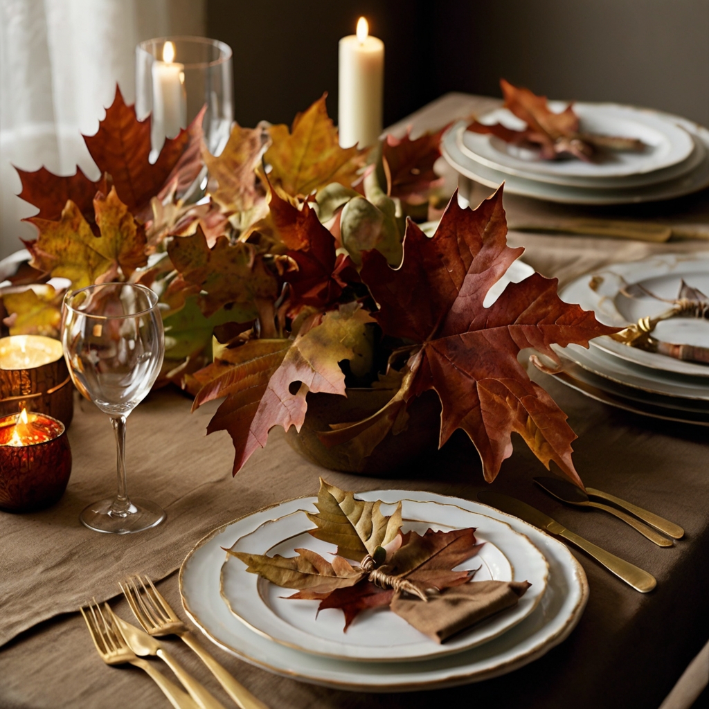 Pressed leaves as placemats add a natural, earthy feel to the table. The vibrant colors and textures of the leaves bring the autumn theme to life.