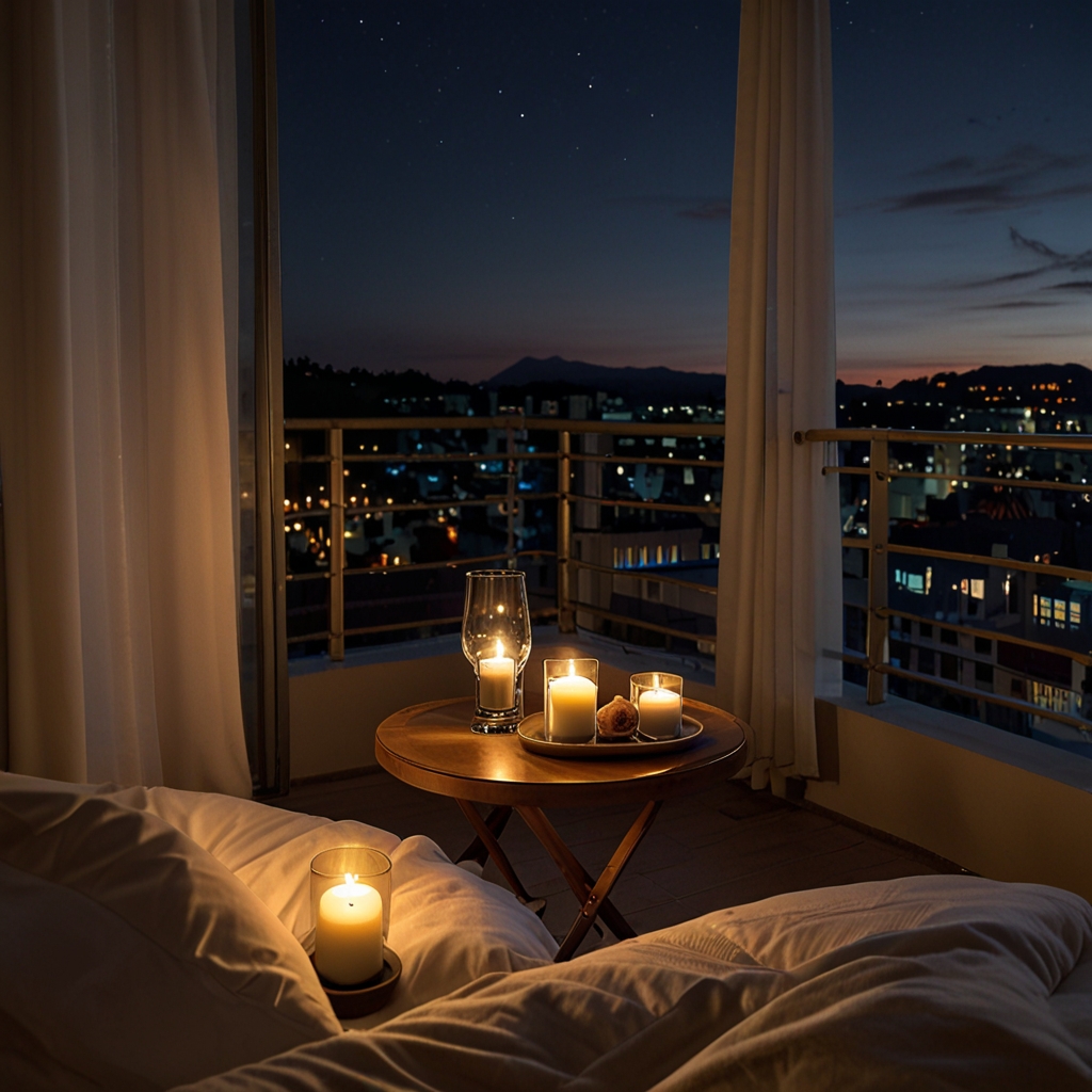 A private balcony with pillows, a small table, and drinks, perfect for enjoying a romantic moment with a scenic view.