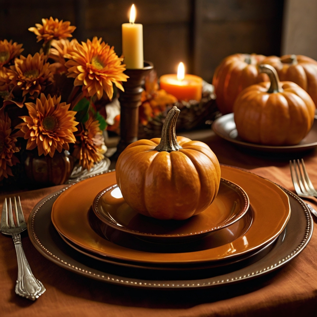 Tableware in warm, pumpkin spice colors like burnt sienna or orange creates a seasonal vibe. The warm tones add to the fall aesthetic, balancing the overall decor.