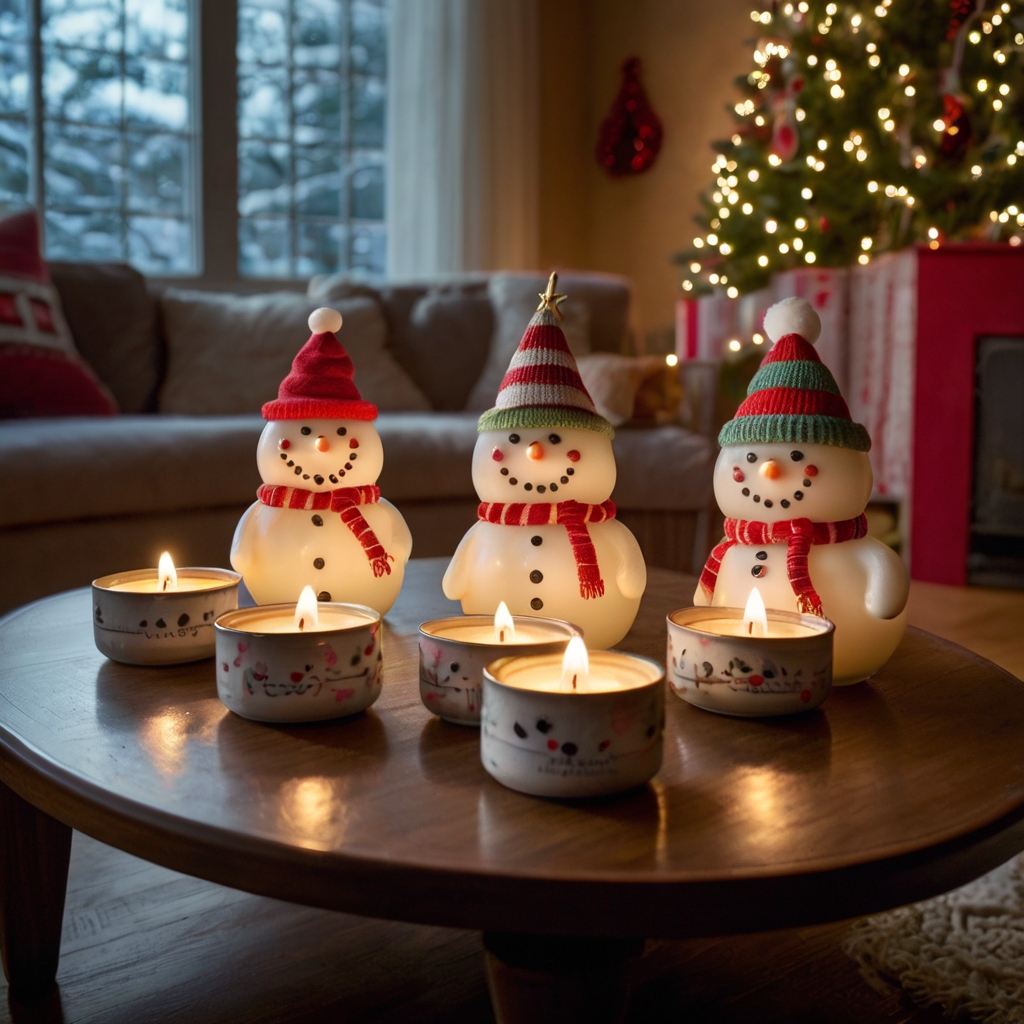 Whimsical holiday candles shaped like snowmen and trees flicker on a coffee table. The warm glow enhances the playful, festive mood in the cozy living room.