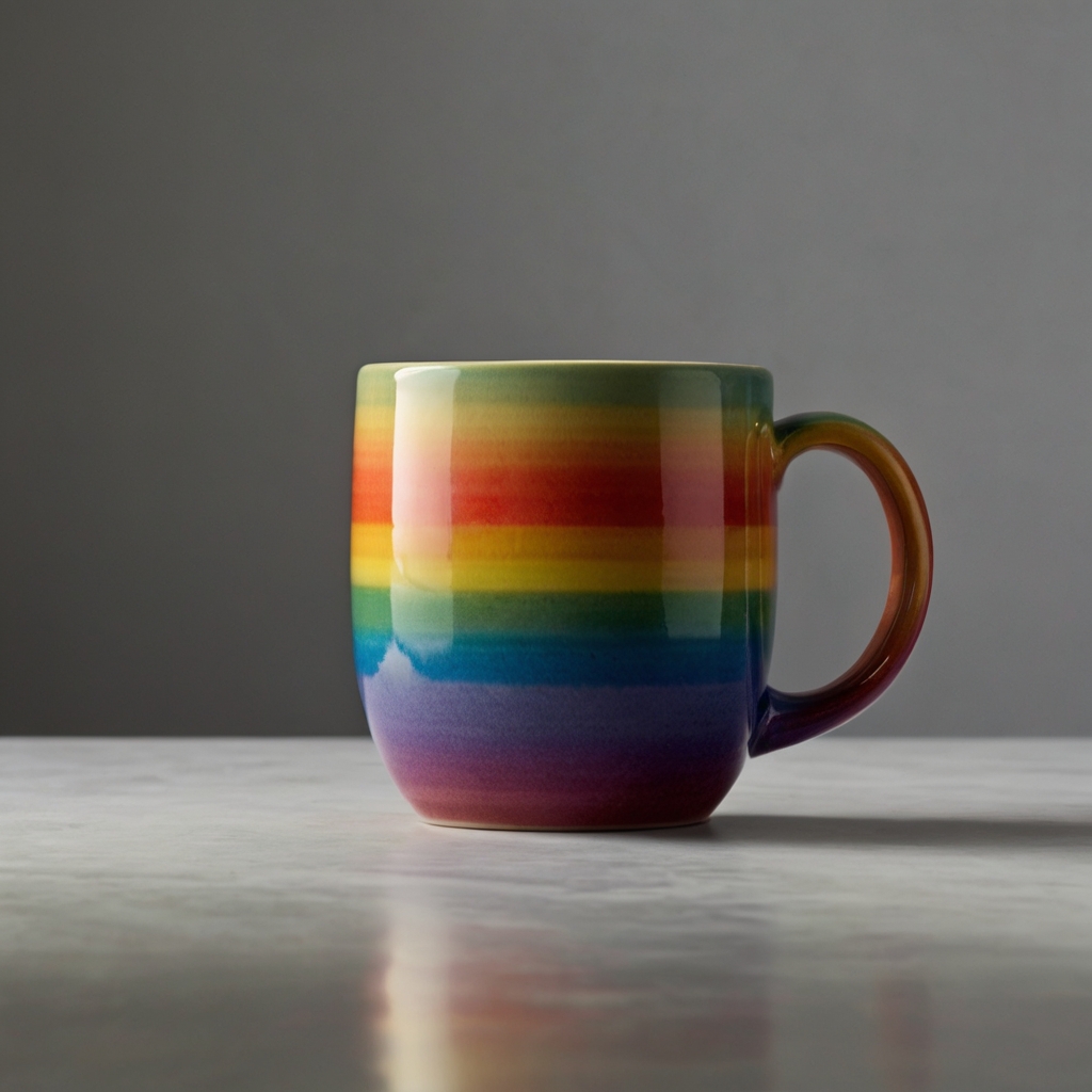 Vibrant ceramic mug with a bold rainbow design, the glossy finish reflecting light to accentuate the colorful stripes.