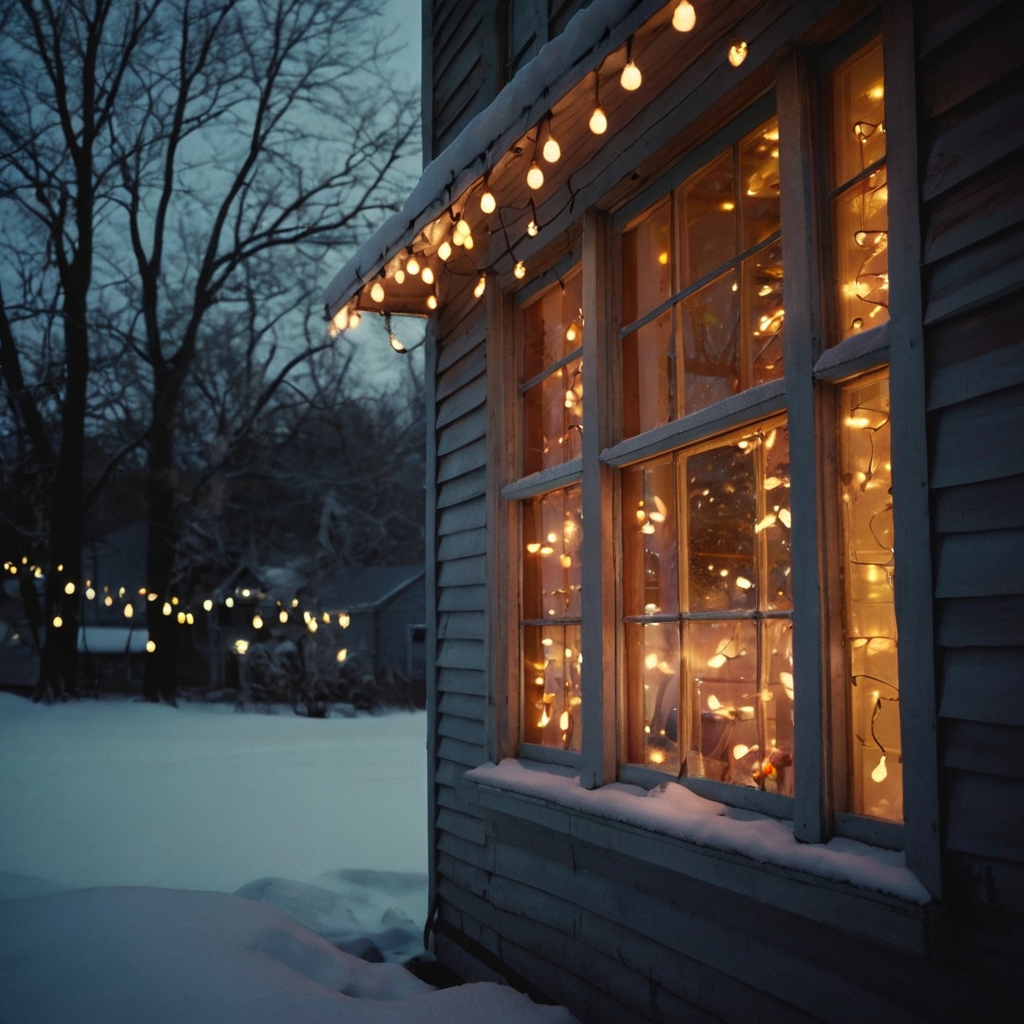 A string of pastel-colored retro Christmas lights drapes across a window frame. The soft glow casts a nostalgic ambiance, highlighting a snowy outdoor scene.