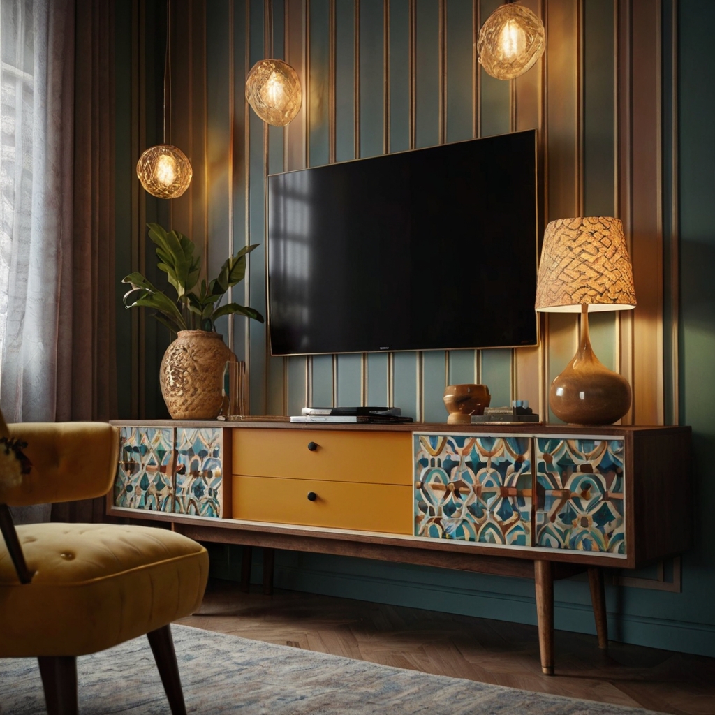 A TV unit with retro-inspired design featuring vintage patterns and mid-century shapes. Ideal for creating a playful, nostalgic vibe in any modern living space.