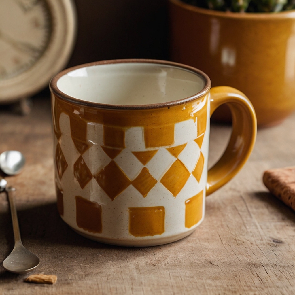 Vintage-inspired ceramic mug with bold retro patterns like zigzags and polka dots, reflecting soft light for a timeless feel.