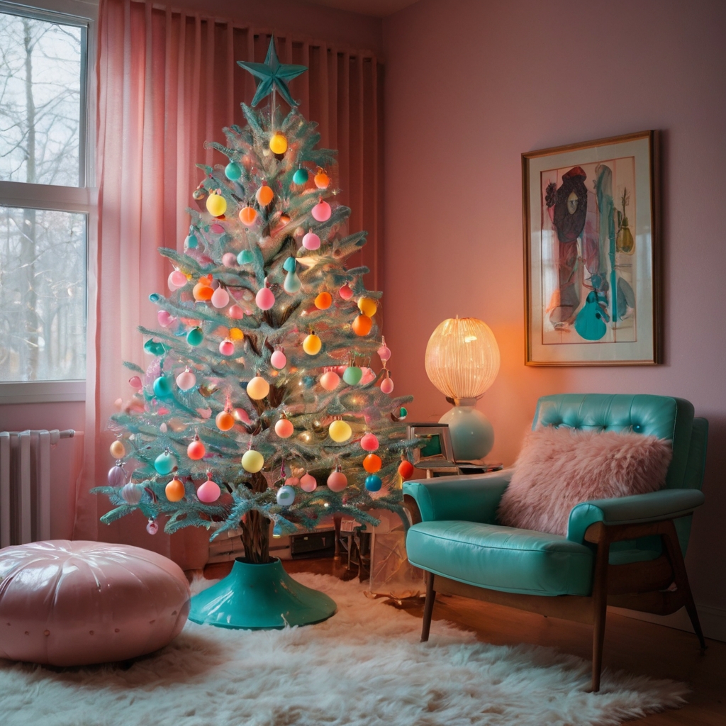 A metallic retro plastic tree adorned with pastel and neon ornaments, glowing under vintage string lights. The scene is filled with soft light, evoking a nostalgic holiday feel.