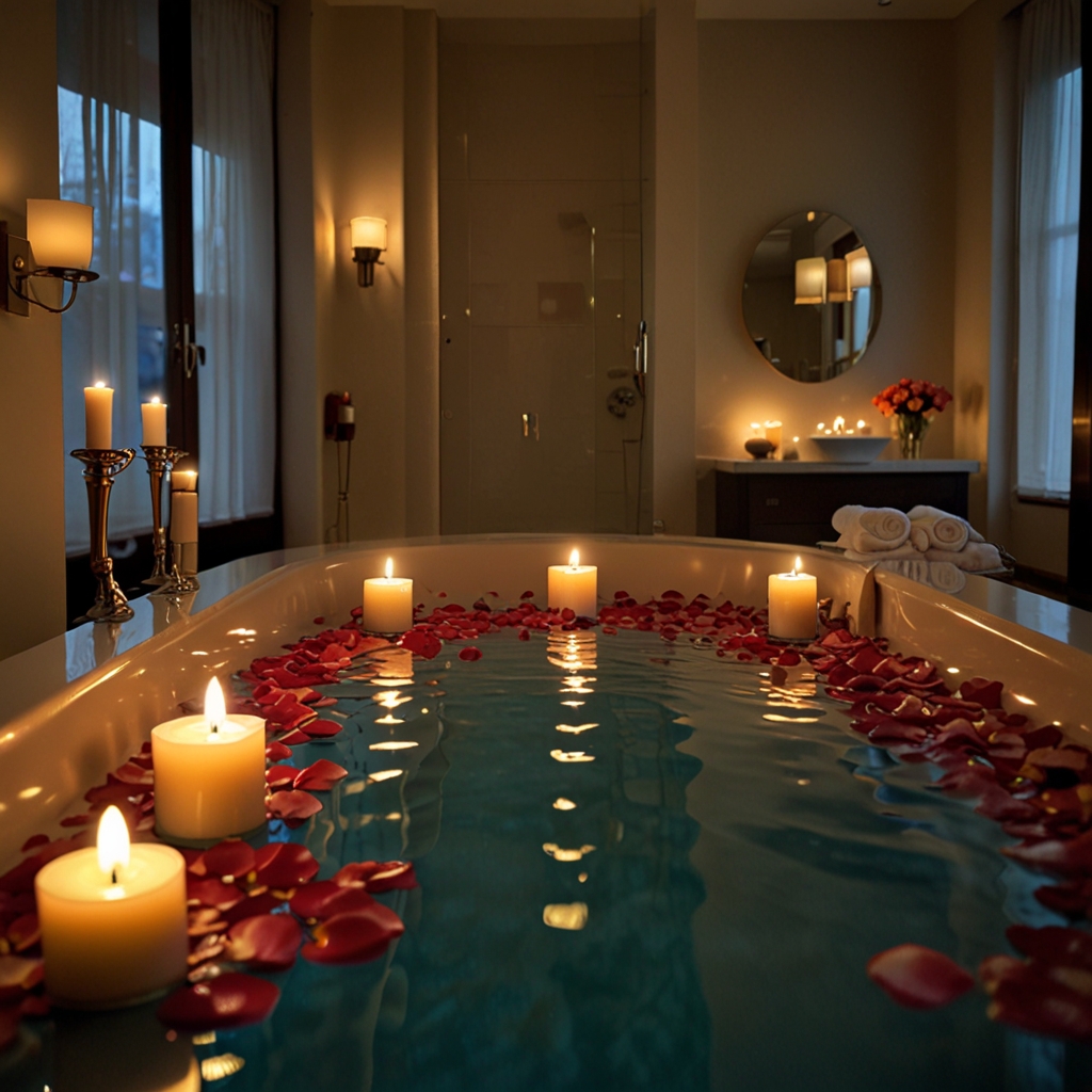 A luxurious bubble bath filled with rose petals and surrounded by soft candlelight, creating a relaxing, romantic atmosphere.