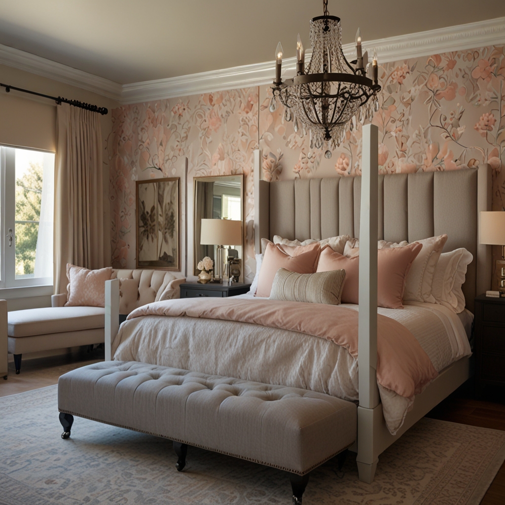 Crystal or glass chandelier hanging above the bed, offering both elegance and soft illumination for the bedroom.