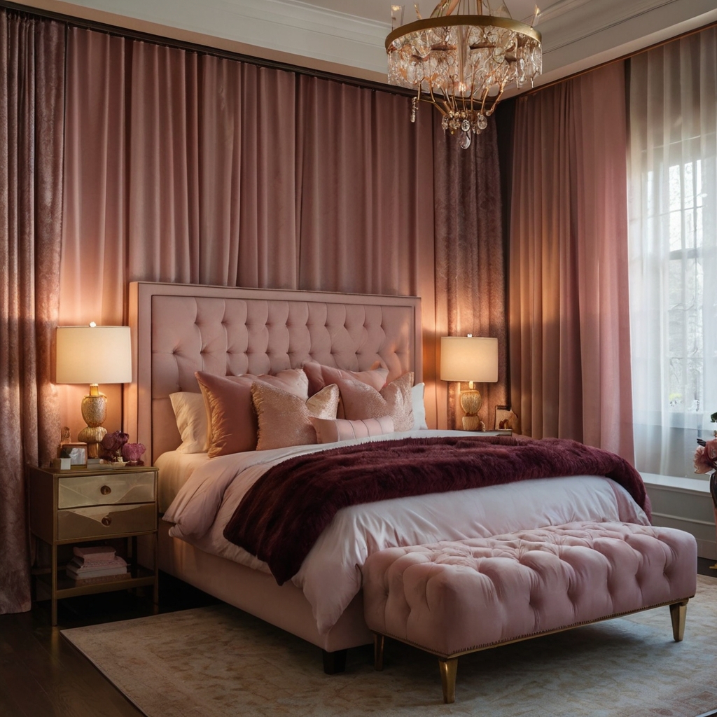 Romantic color palette with deep reds, blush pinks, and lavender, creating a warm and intimate atmosphere.