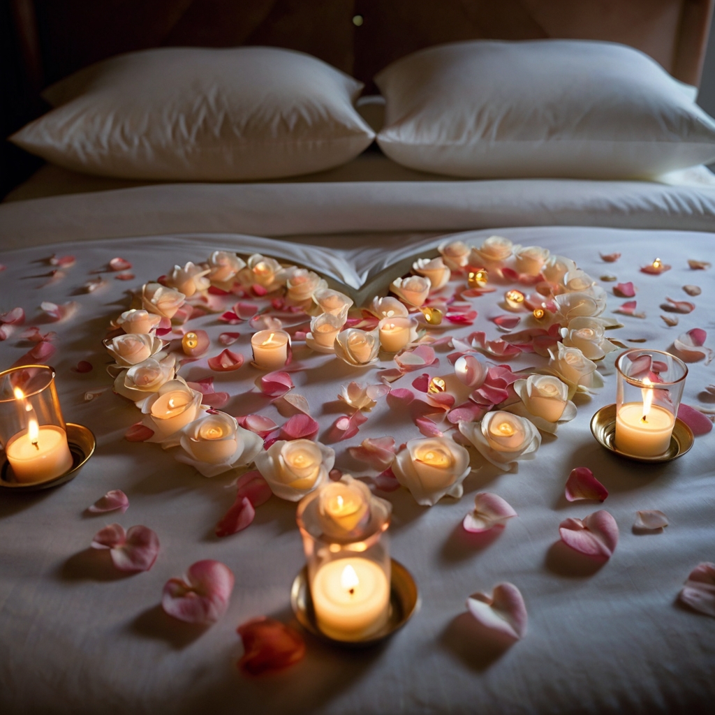 A bed covered in soft sheets with scattered rose petals forming a heart, surrounded by soft lighting for a romantic atmosphere.