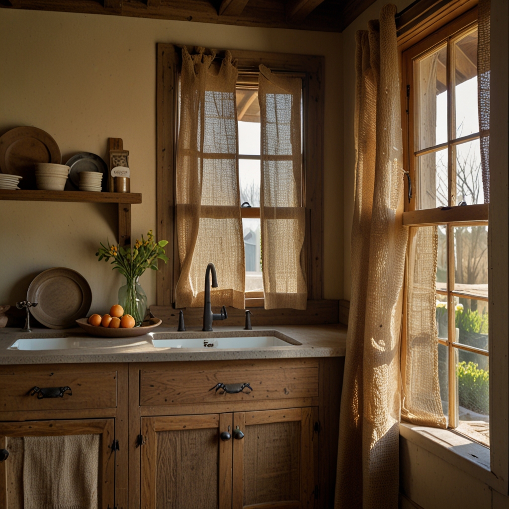 Enhance your rustic kitchen with burlap curtains above the sink. The textured fabric adds a cozy, farmhouse-inspired touch to your space.