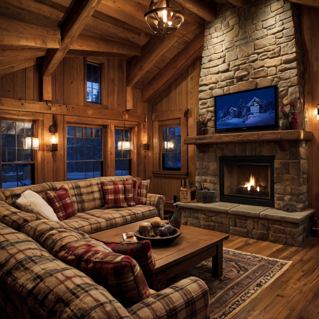 Rustic TV room with wood paneling, stone accents, and a plaid couch. A cozy fireplace and exposed beams add to the cabin feel.