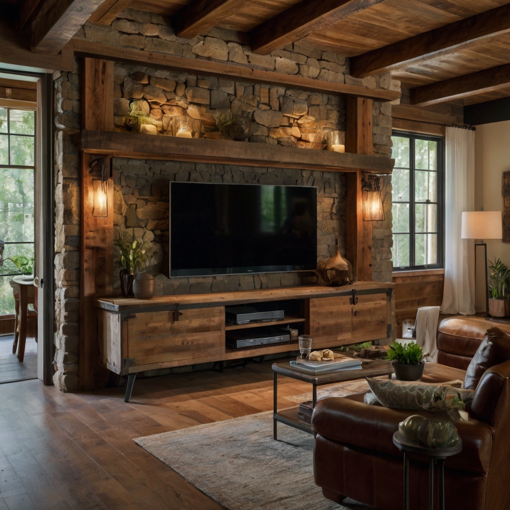 A cozy, farmhouse-inspired TV unit featuring natural wood and reclaimed materials, adding warmth to any room. Ideal for rustic, cabin-style interiors with a touch of charm.