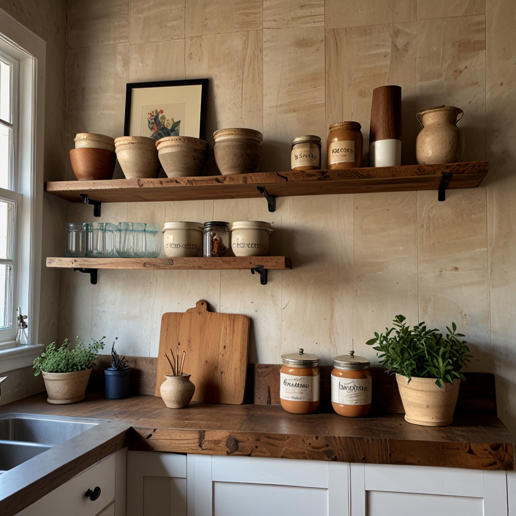 Floating rustic wood shelves displaying cookbooks, jars, and bowls in a cozy kitchen. Adds farmhouse charm with a warm, natural finish.