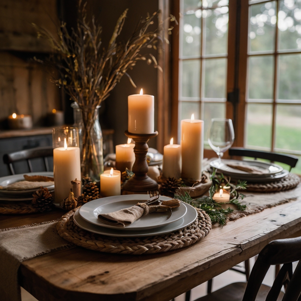 Wooden chargers and linen napkins tied with twine create a cozy, rustic ambiance. Mason jar candles add a warm, inviting glow to the table setting.