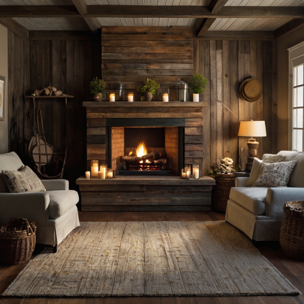 Cardboard fireplace with weathered wood-like textures and farmhouse-style rustic charm. Decorated with cozy holiday accents.