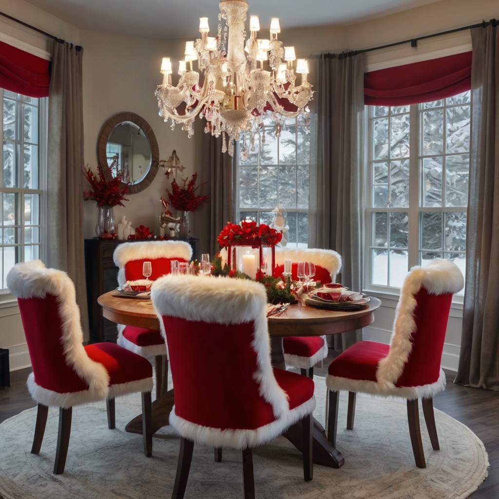 Dining chairs adorned with cute Santa hat covers add a festive touch to the table. The soft lighting creates a cozy, cheerful atmosphere perfect for holiday gatherings.
