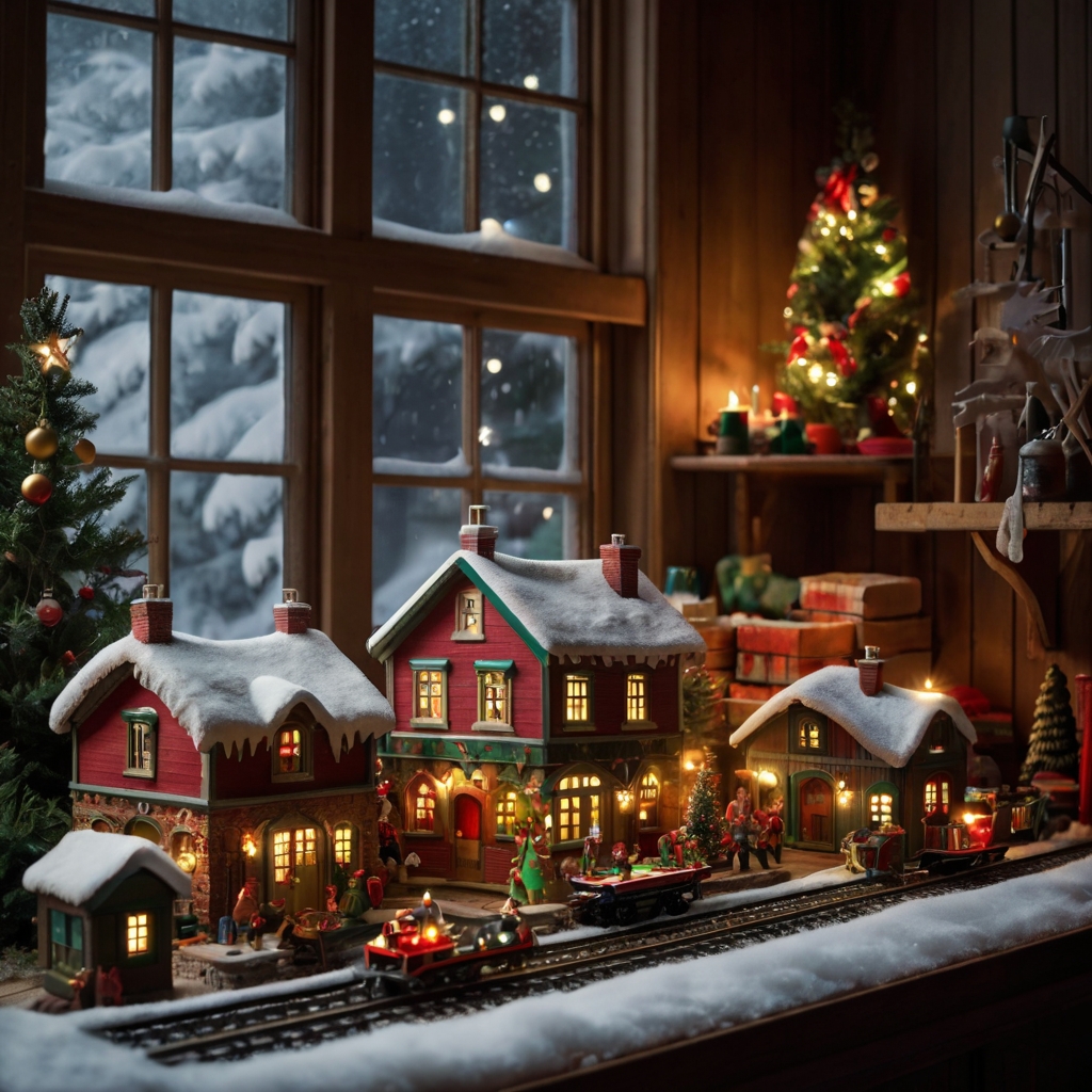 Transform a corner of your home into Santa's workshop, with miniature toy trains, playful elves, and tiny tools. Soft lighting and a snowy window add a whimsical holiday touch.