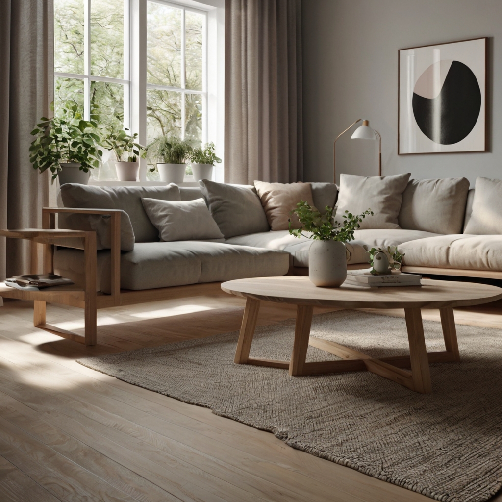 Light wood Scandinavian coffee table with minimalist design, creating a calm and airy feel in contemporary living rooms.