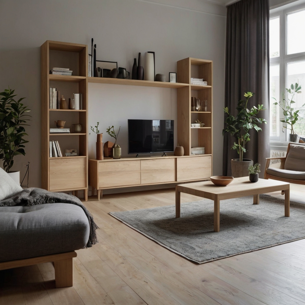 Minimalist Scandinavian storage unit in light wood, offering simple functionality and a cozy vibe for modern interiors.