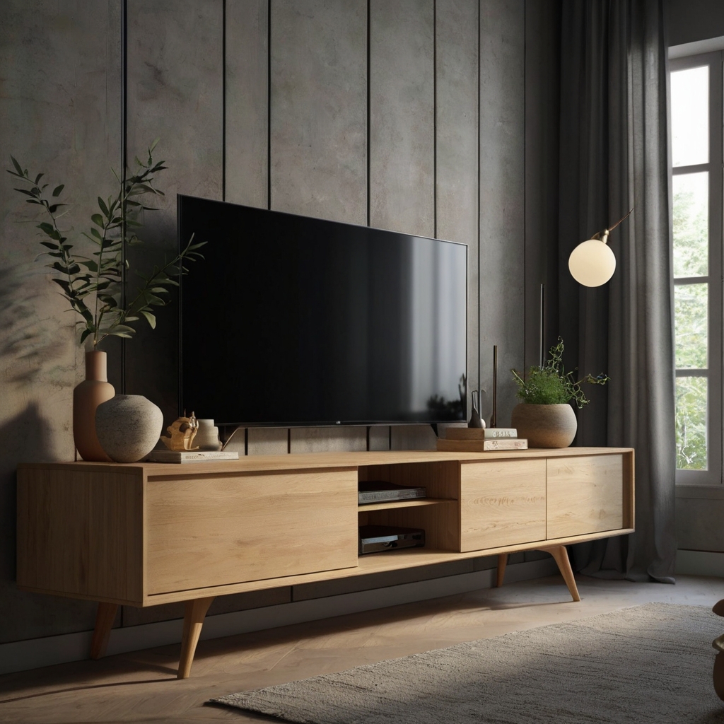 A minimalist TV unit featuring light shades and natural wood, embodying the simplicity of Scandinavian design. Perfect for bright, airy interiors that focus on function.