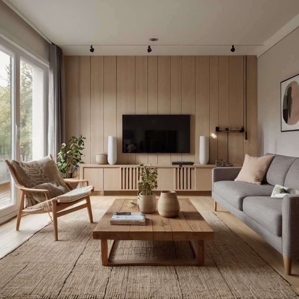 Scandinavian-inspired TV room with light wood floors and simple beige furniture. Natural light from large windows brightens the cozy space.