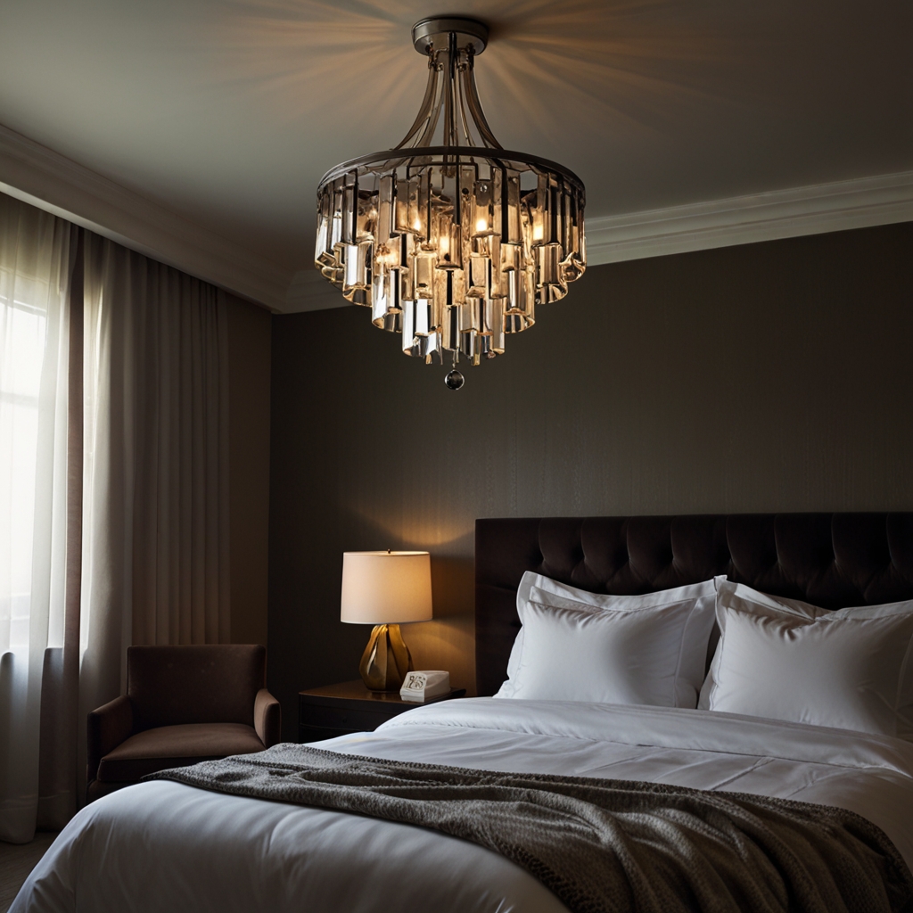 Elegant sculptural lighting fixtures hanging above the bed, creating a dramatic and artistic touch to the hotel room.