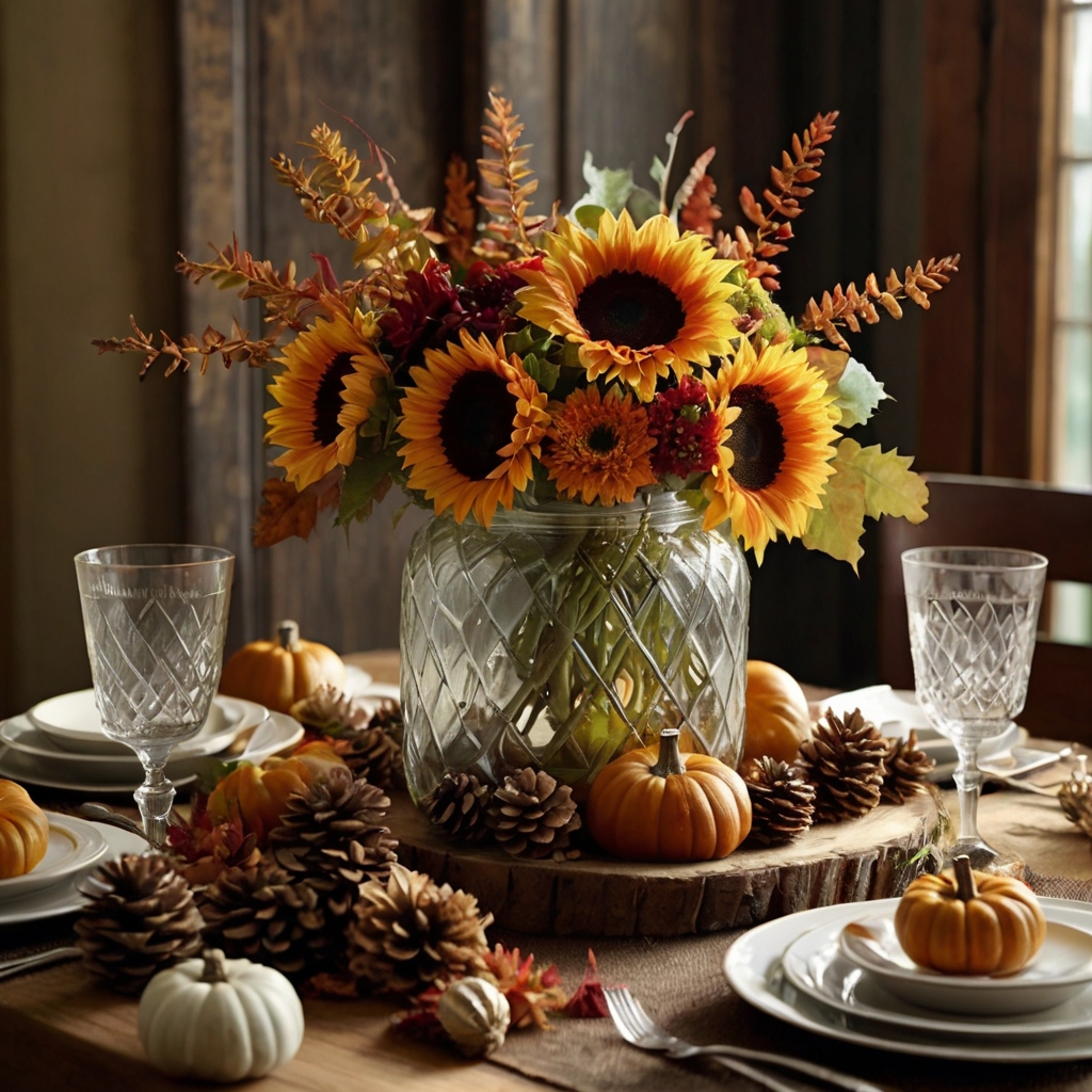 Seasonal flowers like sunflowers and chrysanthemums bring vibrant color to the table. Eucalyptus and ferns complement the blooms, adding depth and texture.