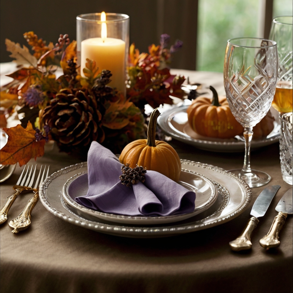 Creative napkin folds shaped like leaves or pumpkins bring playful charm to the table. Small embellishments like sprigs of lavender or wheat add a festive touch.