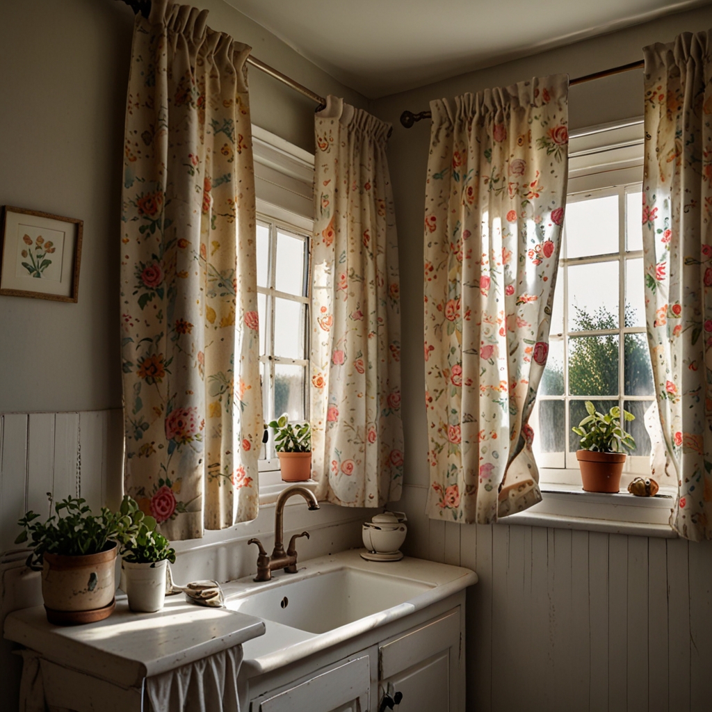 Create a vintage-inspired kitchen with shabby chic curtains. Soft, worn edges and gentle gradients bring a nostalgic, homely charm.