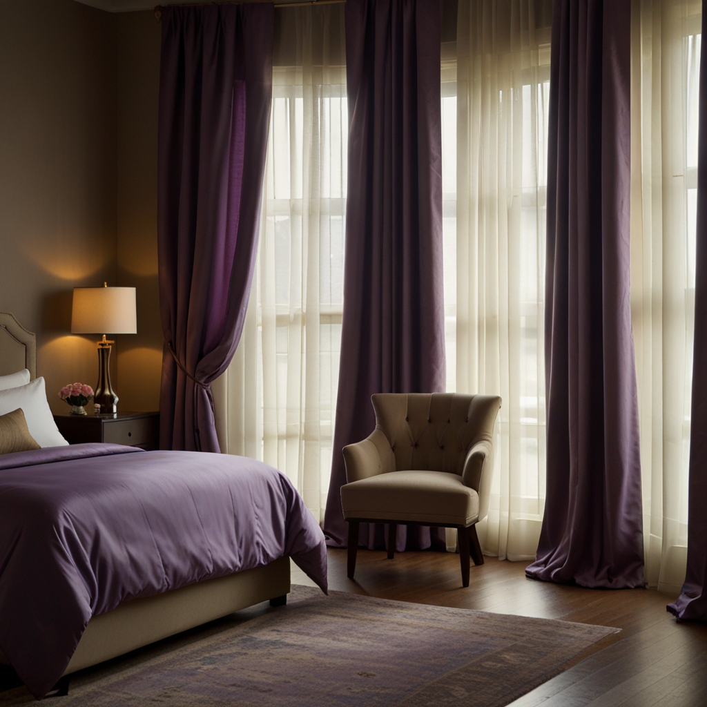 Luxurious silk curtains gently flowing in the breeze, adding an elegant, sophisticated touch to the hotel room.