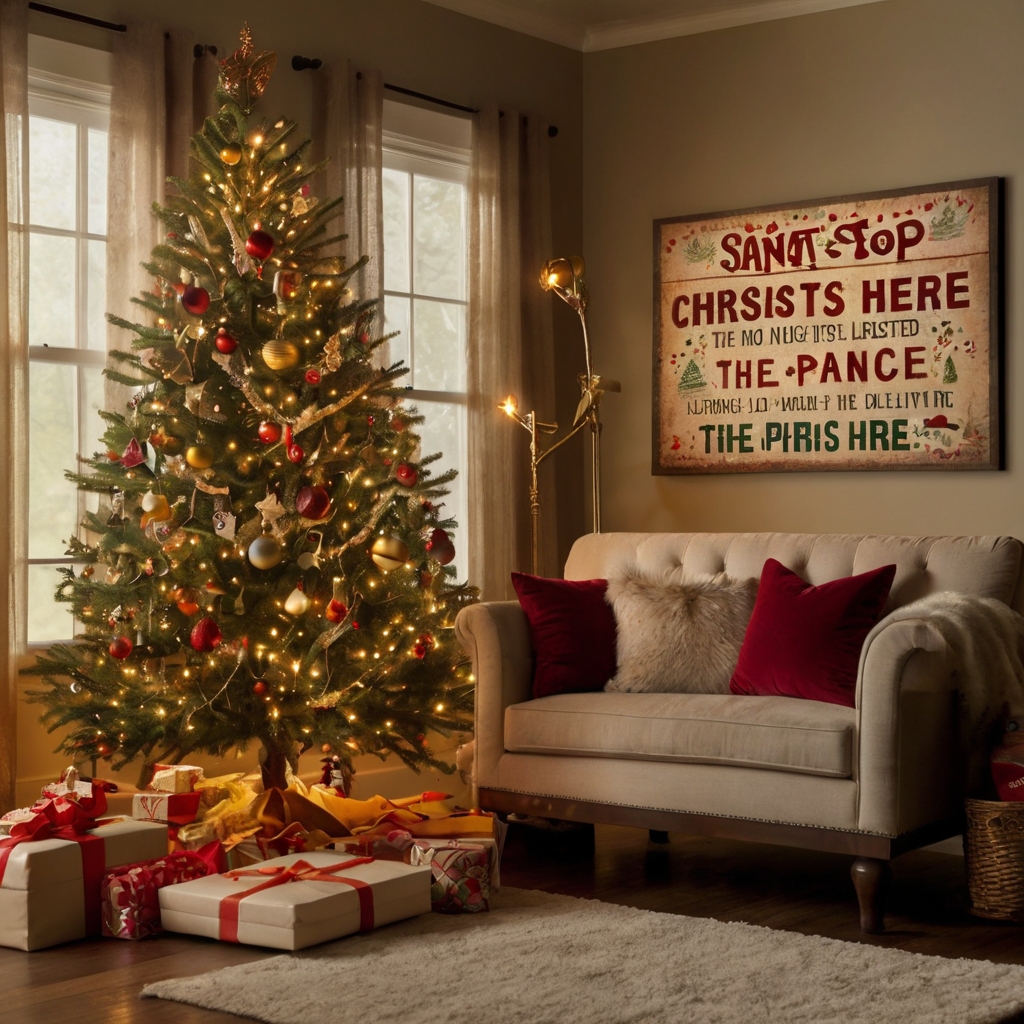 Fun holiday signs with quirky messages like “Santa, stop here” brighten a living room. Soft golden lighting creates a cheerful and humorous festive atmosphere.