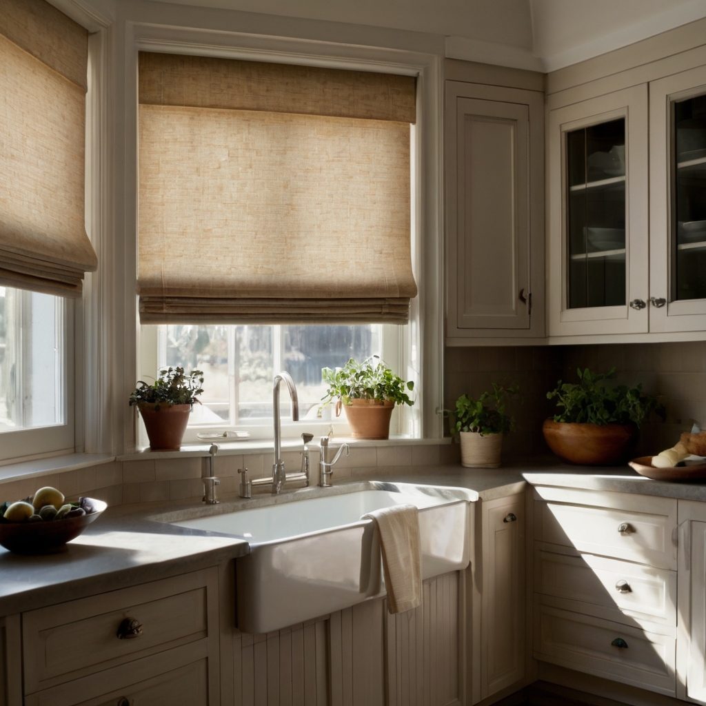 Elevate your kitchen with simple, neutral Roman shades. Their clean lines add structure and elegance, while soft light filters gently through.