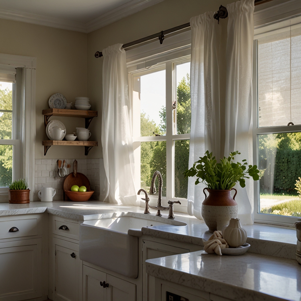 Create a fresh, serene kitchen with simple white cotton curtains. Their crisp, neutral fabric complements any kitchen style with timeless appeal.