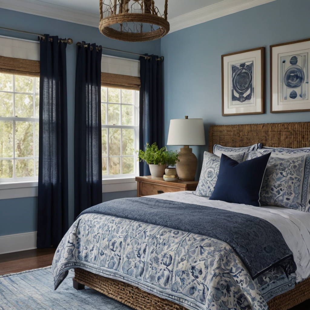 Sky blue walls with navy borders create a serene, nautical atmosphere. This combination adds depth to rooms with a view or bathrooms designed for relaxation.