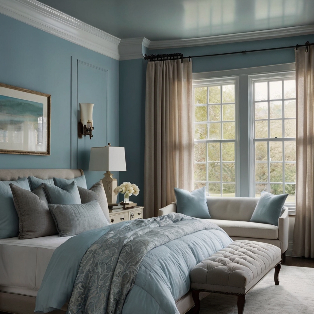 Sky blue walls with pewter accents add sophistication to any room. The cool tones paired with the metallic finishes create an airy and serene space.